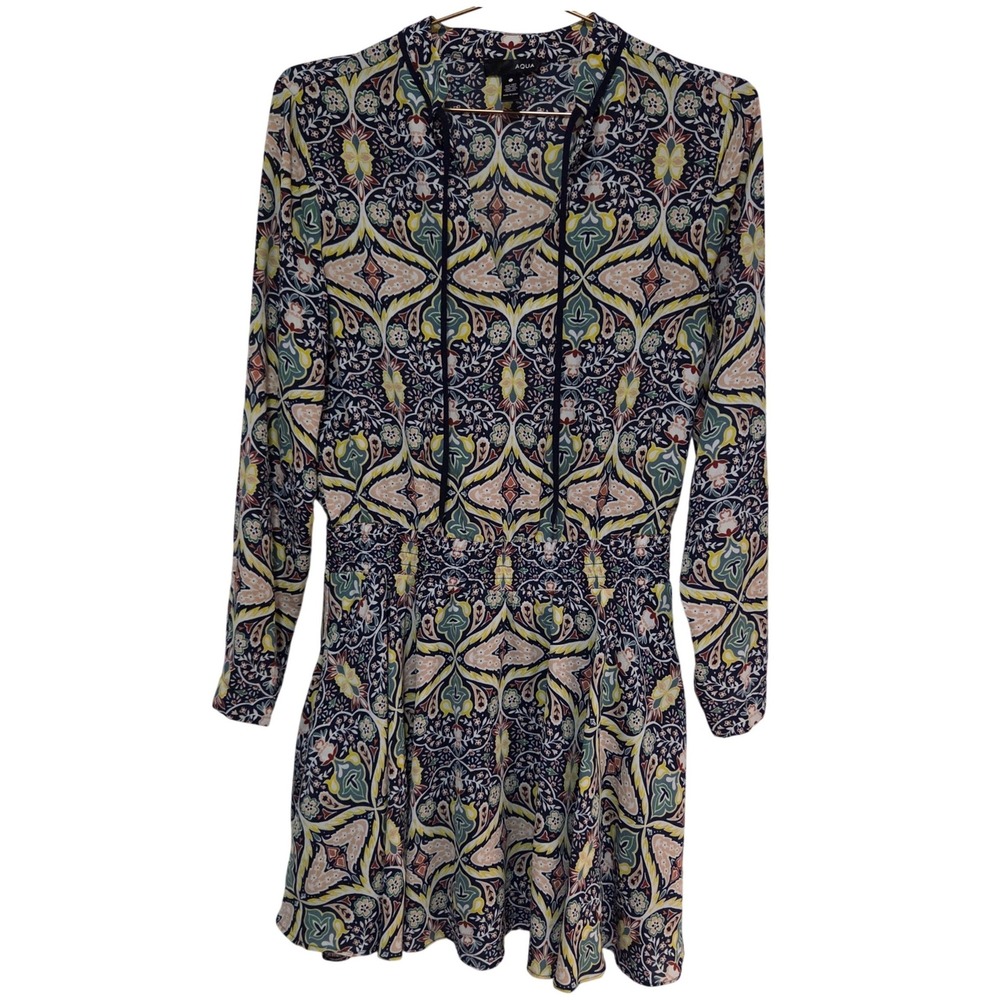 AQUA Womens‎ Navy Blue Floral Damask Smocked Waist Tie Neck Mini Dress Small